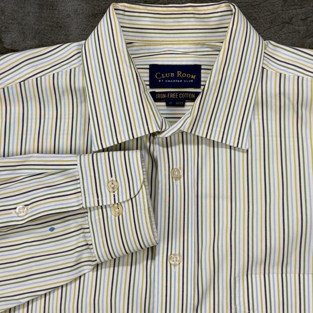 Club Room Button Down Shirt Mens 17 32/33 Green Blue Striped‎ Iron-Free Cotton